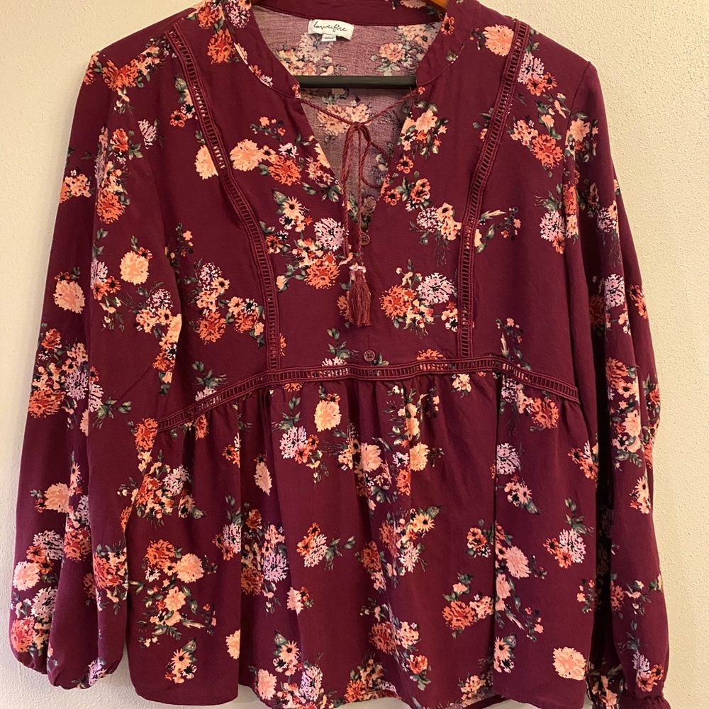 Love, Fire Women's Burgundy‎ Floral Long Sleeve Rayon Pullover Blouse BOHO  XL